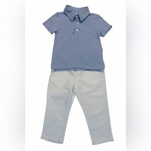 Janie and Jack Light Blue Cotton Polo with White Linen Blend Pants Set